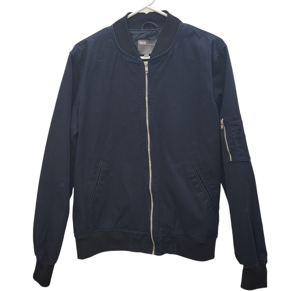 ASOS DESIGNER bomber men's blue jacket with MA1 arm pocket Size Medium
